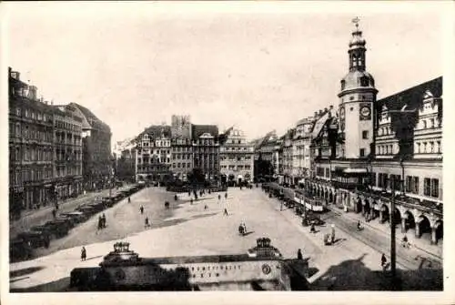 Ak Leipzig in Sachsen, Blick auf den Markt und das alte Rathaus, Straßenbahn, Gleise