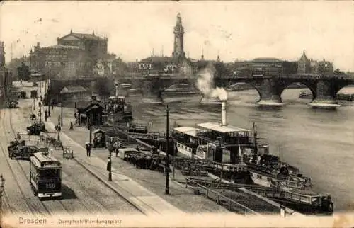 Ak Dresden Altstadt, Dampfschifflandungsplatz, Straßenbahn, Dampfer, Brücke