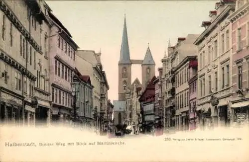 Ak Halberstadt am Harz, Breiter Weg mit Blick auf Martinikirche