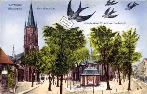 Ak Kevelaer am Niederrhein, Priesterhaus, Marienbasilika, Gnadenkapelle, Kerzenkapelle, Schwalben