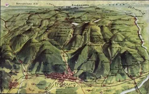 Landkarten Ak Freiburg im Breisgau, Müllheim, Emmendingen, Kirchzarten, südlicher Schwarzwald