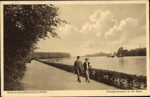 Ak Berlin Treptow Baumschulenweg, Spaziergänger an der Spree