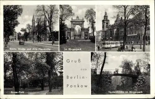 Ak Berlin Pankow, Bürgerpark, Rathaus, Teufelsbrücke, Brose Park, Pfarrkirche