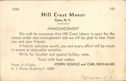 Ak Cairo New York USA, Hill Crest Manor