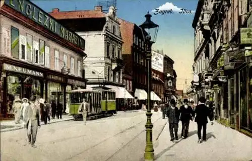 Ak Zagreb Kroatien, Straßenbahn, Passanten, Geschäfte