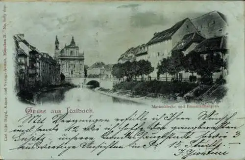 Mondschein Ak Ljubljana Laibach Slowenien, Marienkirche und Franziskanerquai