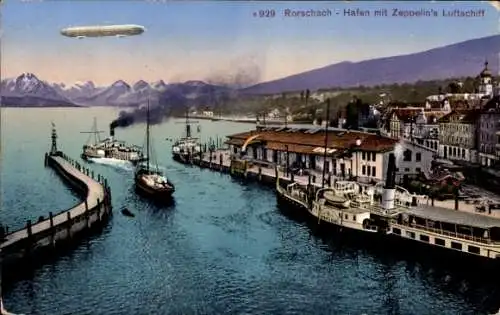 Ak Rorschach Kt. St. Gallen Schweiz, Hafen mit Zeppelins Luftschiff, zwei Dampfschiffe