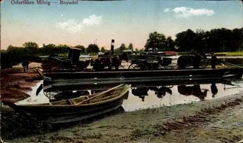 Ak Bojadła Boyadel Ostbrandenburg, Fährboot, Flusslandschaft, Bäume, historische Boote