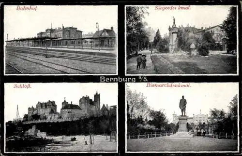 Ak Bernburg an der Saale, Bahnhof, Siegesdenkmal, Schloss, Bismarckdenkmal