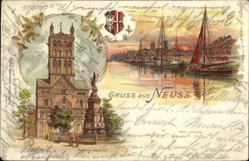 Litho Neuss am Rhein, Erft Kanal, Kriegerdenkmal, Wappen