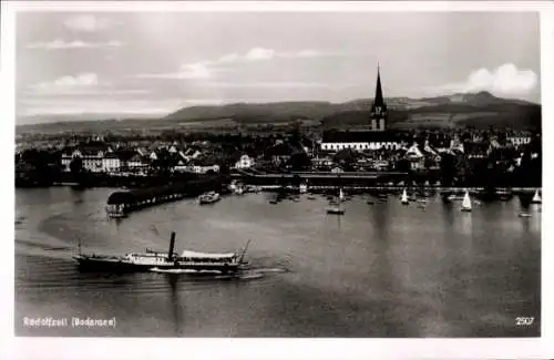 Ak Radolfzell am Bodensee Landkreis Konstanz, Blick auf die Stadt, Fährschiff, Kirche