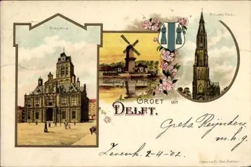 Litho Delft Südholland Niederlande, Rathaus, Kirche, Windmühle