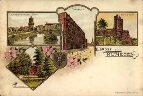 Litho Nijmegen Gelderland, Kronenburgerpark, Rathaus, Belvedere, Valkenhof