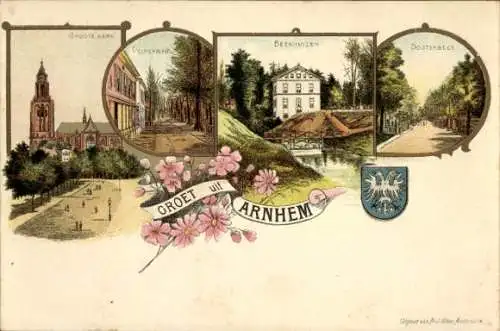 Litho Arnhem Gelderland Niederlande, Velperweg, Groote Kerk, Beekhuizen, Oosterbeek, Wappen