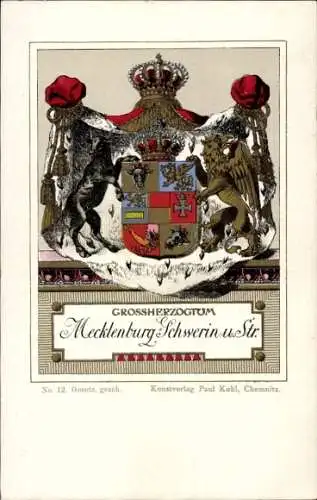 Wappen Litho Großherzogtum Mecklenburg Schwerin und Strelitz, Paul Kohl Chemnitz No. 12