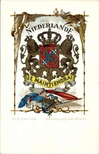 Wappen Litho Je Maintiendrai, Niederland, Paul Kohl Chemnitz No. 29