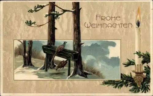 Präge Passepartout Litho Frohe Weihnachten, Kerze, Waldvögel