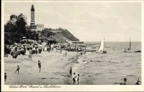 Ak Niechorze Ostseebad Horst Pommern, Strand, Leuchtturm