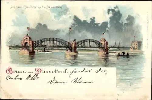 Litho Düsseldorf am Rhein, die neue Rheinbrücke, Beflaggung