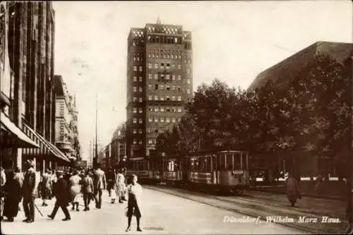 Ak Düsseldorf am Rhein, Wilhelm Marx Haus, Straßenbahn