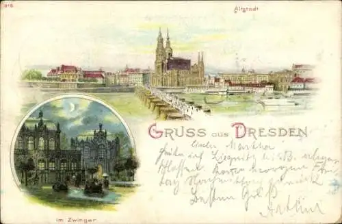 Litho Dresden Altstadt, Panorama, Brücke, Zwinger