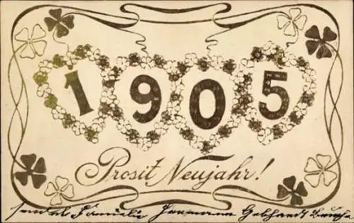 Präge Litho Fröhliches Neujahr, Jahreszahl 1905, Kleeblätter