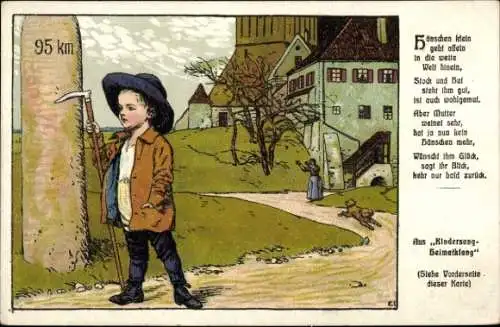 Künstler Lied Litho Hänschen klein, Junge, Wanderstock, Kindersang - Heimatklang