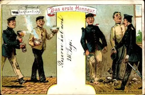 Litho Das erste Honneur, Zur Kantine, Soldaten