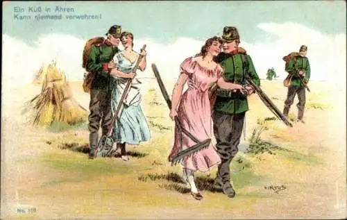 Künstler Litho Virtus, Soldaten mit Frauen, Ein Kuss in Ähren, kann niemand verwehren