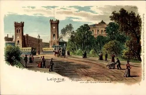 Litho Leipzig in Sachsen, Magdeburger Bahnhof, Dresdener Bahnhof, Blick von der Goethestraße