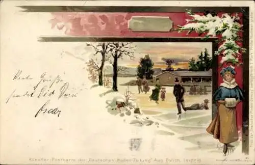 Künstler Litho Wintermotiv, Eisläufer, Schlittschuhläufer, Deutsche Moden Zeitung