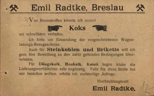 Ak Wrocław Breslau Schlesien, Emil Radtke, Gabitzstraße 94, Baukalk, Düngekalk, Reklame