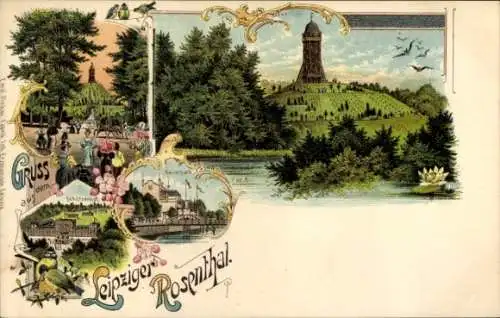 Litho Leipzig in Sachsen, Aussichtsturm auf dem Scherbelberg, Kaiserpark, Schützenhof