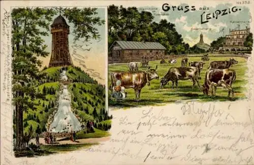 Litho Leipzig, Alpenhütte im Rosenthal, Scherbelberg, Kaiserpark, Kühe, Reh, Bruno Bürger 393