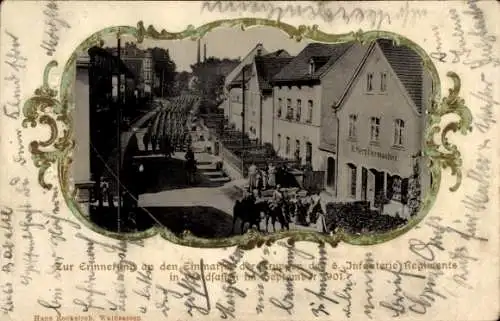 Passepartout Ak Waldsassen in der Oberpfalz, Einmarsch der Truppen des 6. Infanterie-Regiments, 1901