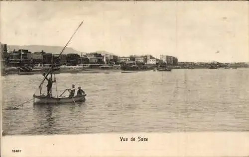 Ak Suez Ägypten, Blick auf den Suezkanal mit Boot und Personen