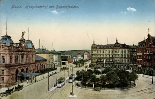 Ak Mainz am Rhein, Straßenbahn am Bahnhofsplatz mit Blick auf den Hauptbahnhof, rechts davon d...