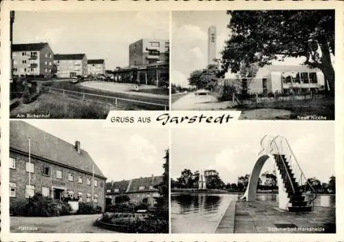 Ak Garstedt Norderstedt in Schleswig-Holstein, Gruß aus  Am Birkenhof, Neue Kirche, Rathaus, S...