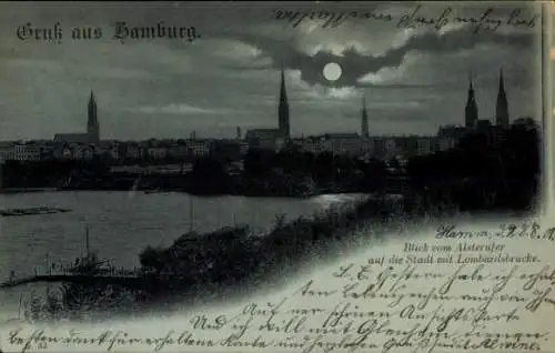 Ak Hamburg Mitte Altstadt, Blick vom Alsterufer auf Lombardsbrücke, Mondschein