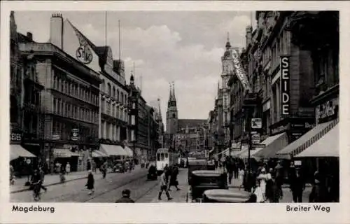 Ak Magdeburg an der Elbe, Breiter Weg, Straßenbahn, Geschäft Seide