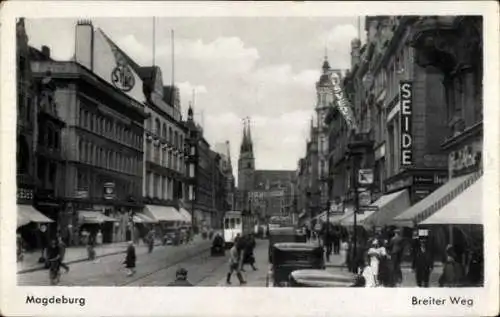 Ak Magdeburg an der Elbe, Breiter Weg, Straßenbahn, Geschäft Seide