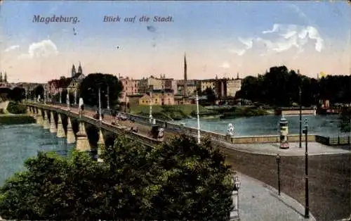 Ak Magdeburg an der Elbe, Brücke, Teilansicht, Litfaßsäule