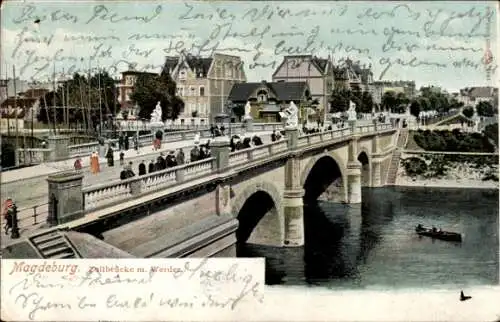 Ak Magdeburg an der Elbe, Zollbrücke am Werder, Ruderboot