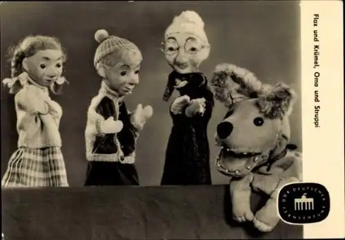 Ak Unser Sandmännchen, Flax und Krümel, Oma und Struppi, DDR Kinderfernsehen, G 6115