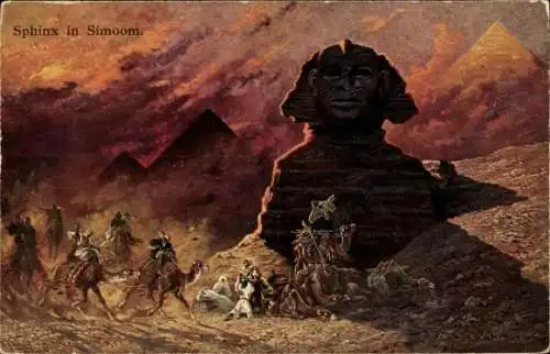 Künstler Ak Perlberg, F., Die Sphinx im Samum, Dämmerung, Wüste, Reiter