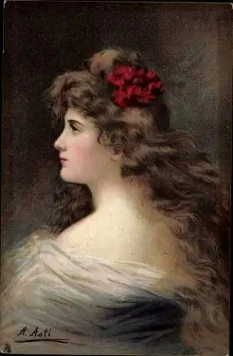 Künstler Ak Asti, Angelo, Portrait einer jungen Frau mit langen brünetten Haaren