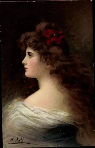 Künstler Ak Asti, Angelo, Portrait einer jungen Frau mit langen brünetten Haaren