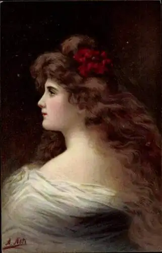 Künstler Ak Asti, Angelo, Portrait einer jungen Frau mit langen brünetten Haaren