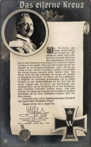 Ak Das eiserne Kreuz, Kaiser Wilhelm II., Portrait, Zitat