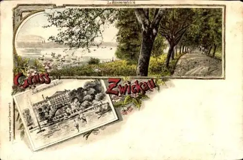 Litho Zwickau in Sachsen, Wegpartie am Schwanenteich, Schwanenschloss, Fontäne